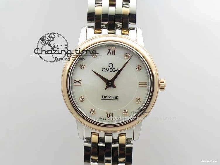 0426 De Ville 27mm SS RG Ladies MK 1:1 Best Edition White MOP Dial Diamond Markers On SS Bracelet Ronda Quartz Chic 8198